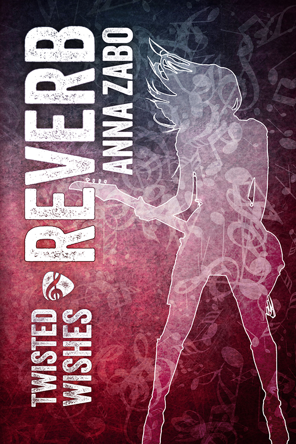 Reverb cover. Red cover with the silhouette of a woman bass player, with musical notes superimposed on top.